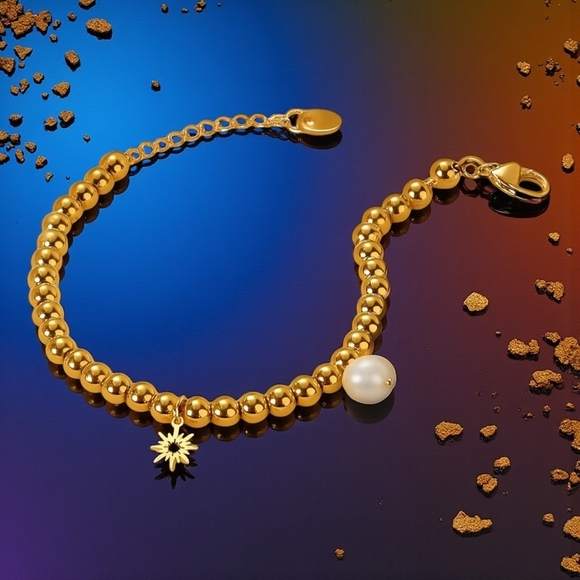 🆕️18K‎ Gold Plated Stainless Steel Beaded Bracelet with Sun & Pearl Charms ✨ - Picture 5 of 15